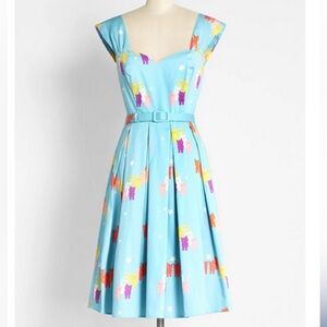 ModCloth Collectif Light Blue Dress with Multicolored Cats Motif